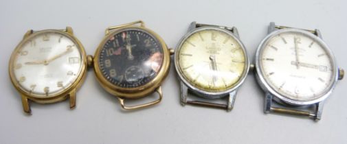 Four gentleman's wristwatches, two lacking crowns