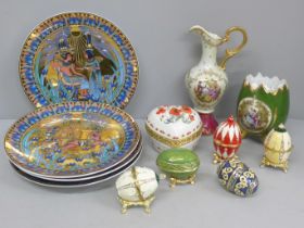 A collection of trinket boxes including egg shaped with rhinestone detail, a set of four Royal