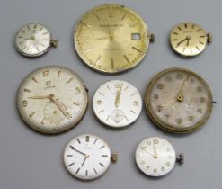 Eight wristwatch movements; a gentleman's Tudor by Rolex, Bueche-Girod, Cyma, a lady's Omega, Zenith