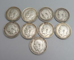 Nine George V shillings, 1911 to 1919, 50.2g