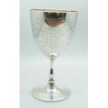 A Victorian silver goblet, London 1879, with later inscription dated 1900, 133g, 13.5cm, a/f