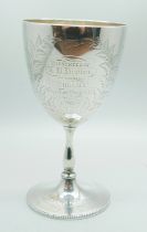 A Victorian silver goblet, London 1879, with later inscription dated 1900, 133g, 13.5cm, a/f