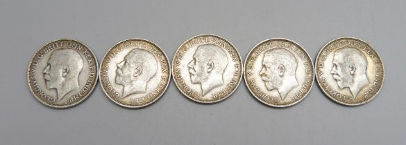 Five George V silver florins; 1915-1919, 56.2g