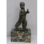 After Preiss, a bronze sculpture of an Indian boy with serving tray, on marble plinth, 26.5cm