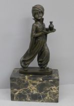 After Preiss, a bronze sculpture of an Indian boy with serving tray, on marble plinth, 26.5cm