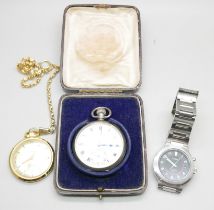 A silver pocket watch, Kays, cased, together wtih a Mortima pocket watch and a Pulsar wristwatch