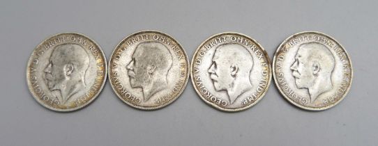 Four George V silver florins; 1911-1914, 44.4g