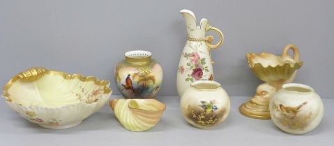 A collection of Royal Worcester, seven pieces including hand painted globular vase by H Martin,