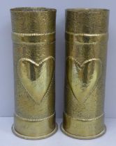 A pair of brass trench art shell vases, both marked 'Great War 1914/19', 23cm