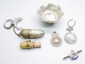 A silver salt, a sterling silver Maersk Line fob marked made in Denmark, 37g, a thimble holder and a