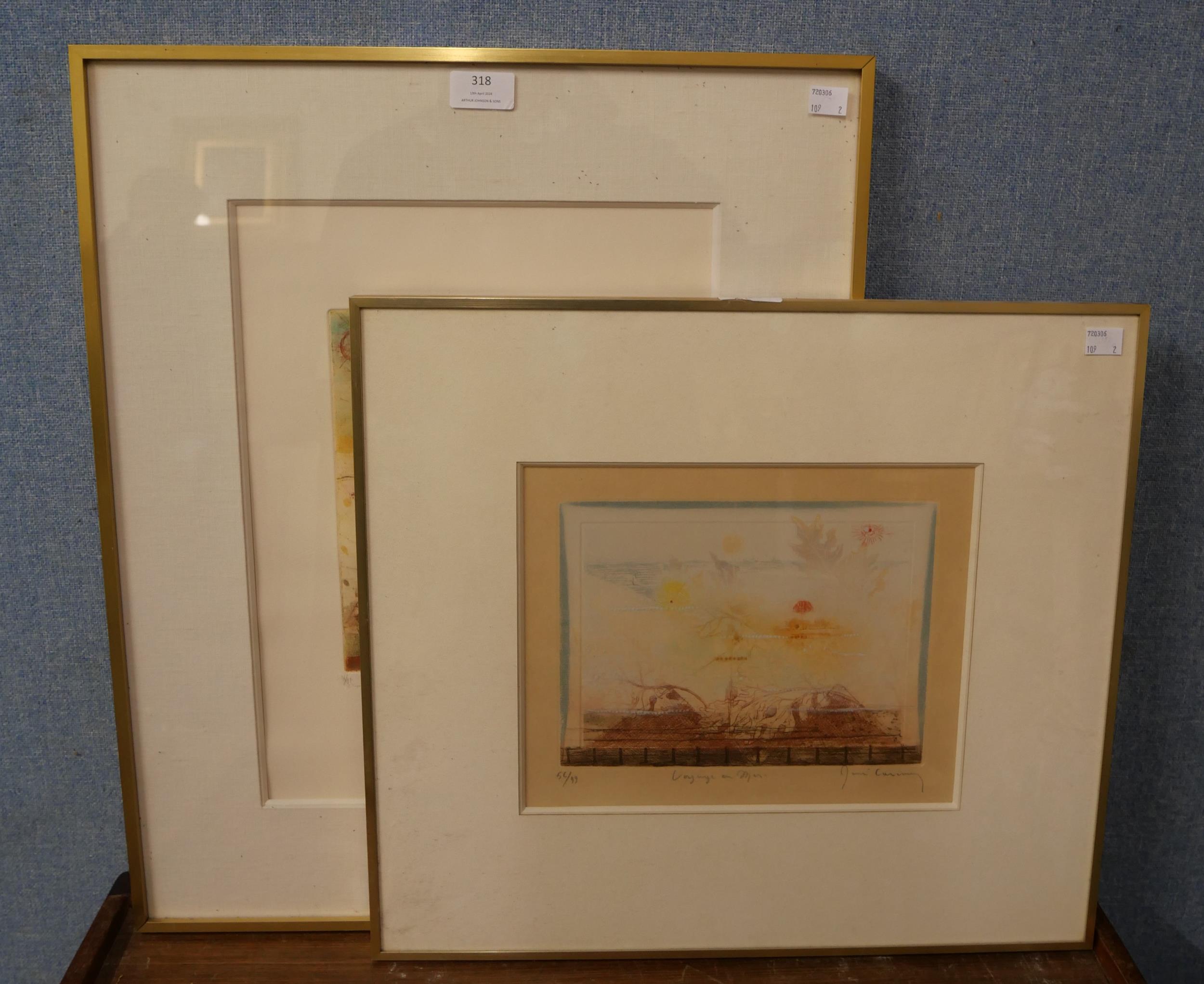 Rene Carcan, two engraved etchings, framed