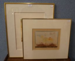 Rene Carcan, two engraved etchings, framed