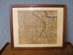 A 17th Century engraved map of Lincolnshire, by William Kip, framed