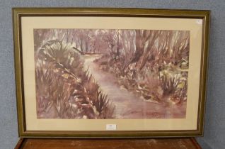 An abstract river scene print, indistinctly signed, framed