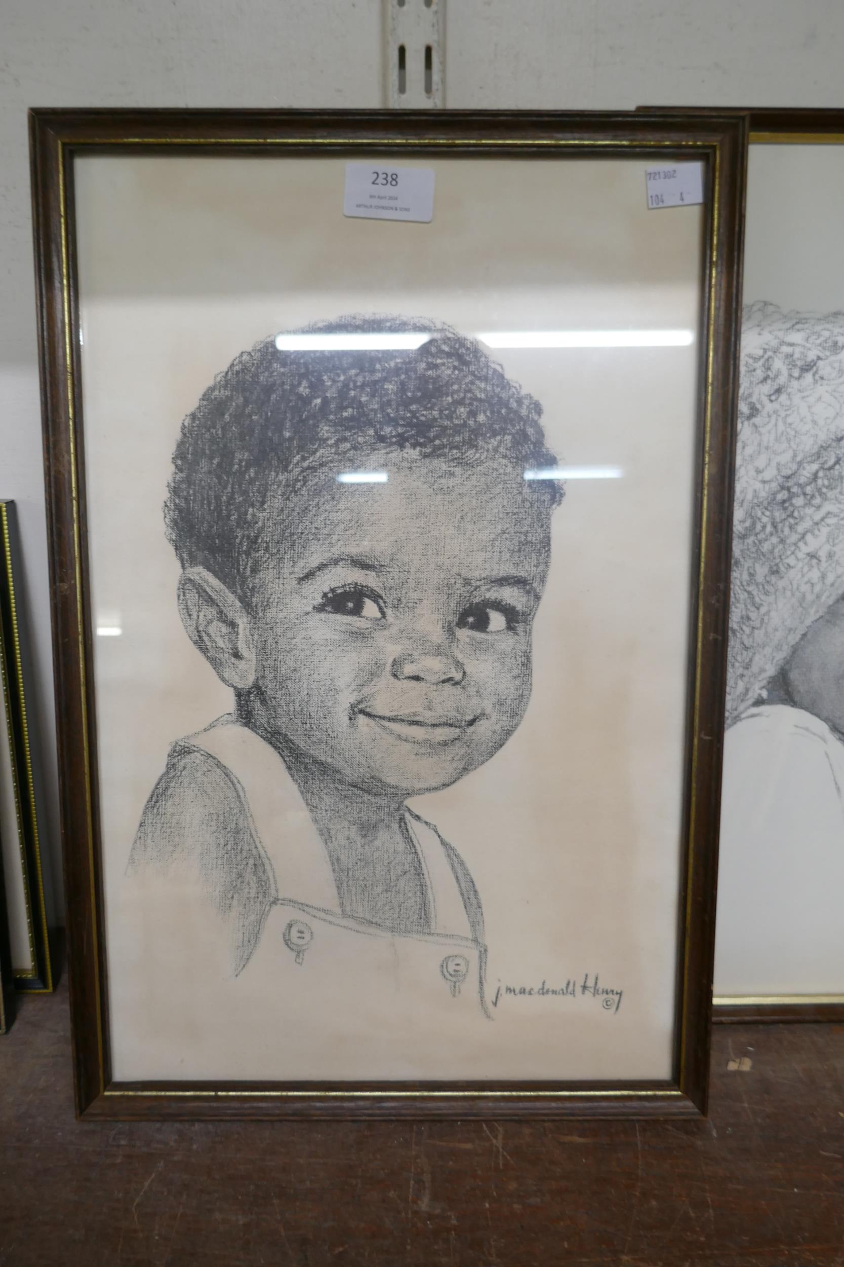 J. Macdonald Henry, four portraits of children, pencil sketches, framed