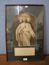 An engraving of Jesus Christ, with signed note from Pope Benedict XV