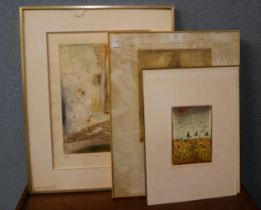 Rene Carcan, three engraved etchings, framed