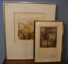 Rene Carcan, two engraved etchings, Pour Parnela and one other, framed