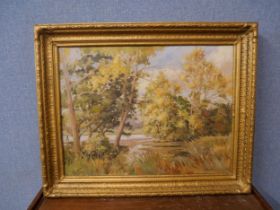 Paul Bret, woodland river landscape, oil on canvas, framed