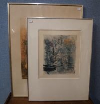 Rene Lubarow, La Fin de la Machine and one other, engraved etchings, framed