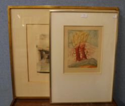 Rene Carcan, two engraved etchings, framed