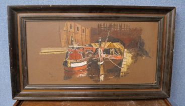 Harley Crossley, abstract canal scene, oil on board, framed