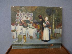 French School, flower market, oil on canvas, unframed