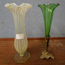 A green epergne and a milk glass vase