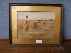 J. Pedder, harvest scene, watercolour, framed