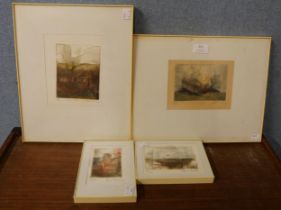 Rene Carcan, four engraved etchings, framed