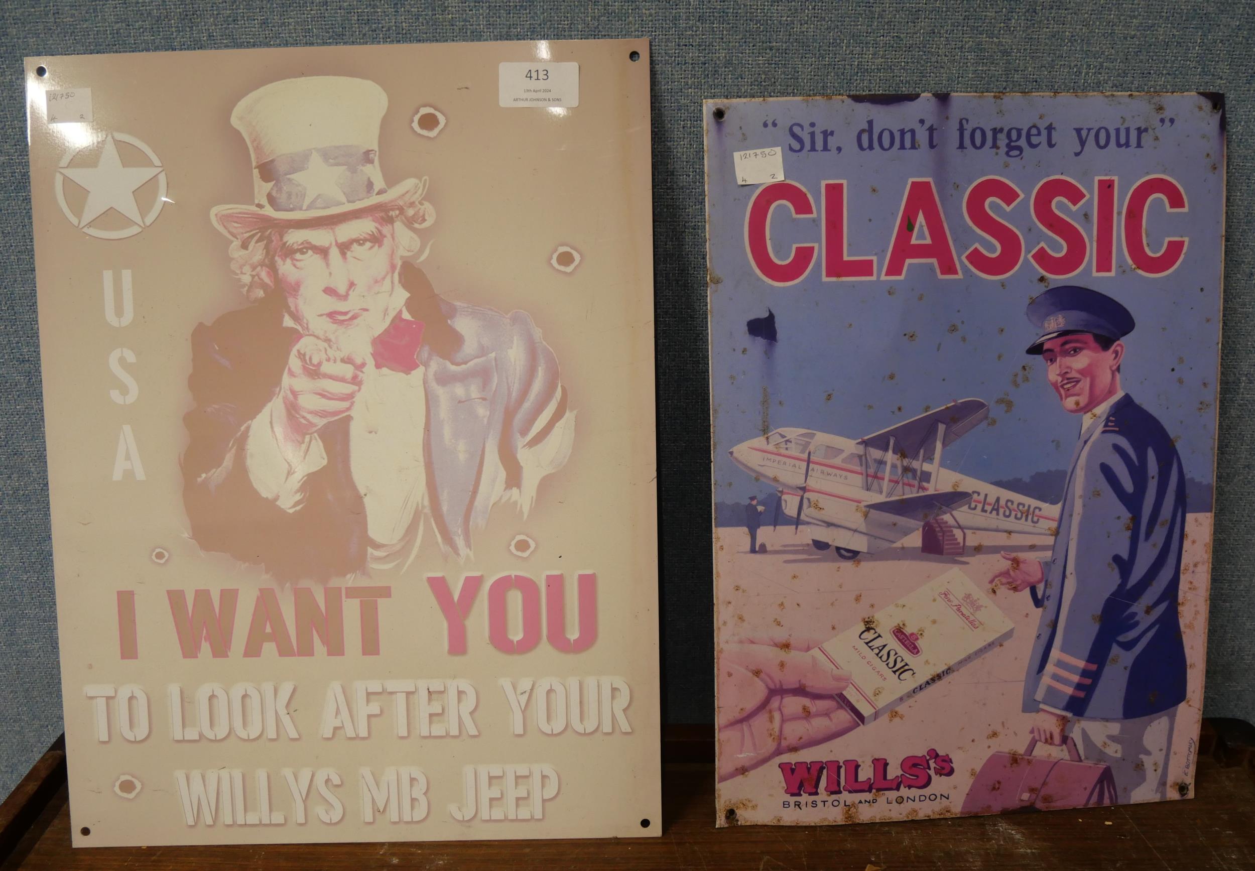 A pair of tin advertisment signs