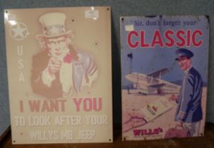 A pair of tin advertisment signs