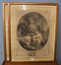 A pair of large French etchings, framed