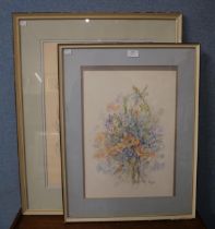 Diana Kviel, pair of still lifes of flowers, watercolour, dated 1977, framed