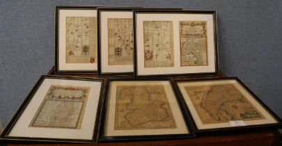 Six assorted 17th Century engraved regional maps of Britain, framed