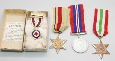 Three WWII medals and a small South Africa Red Cross medal to 329687 W. Terrill