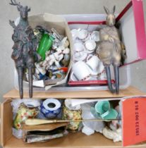 A collection of mixed porcelain, prints of Nottingham Castle, glassware, place mats, boxes, two
