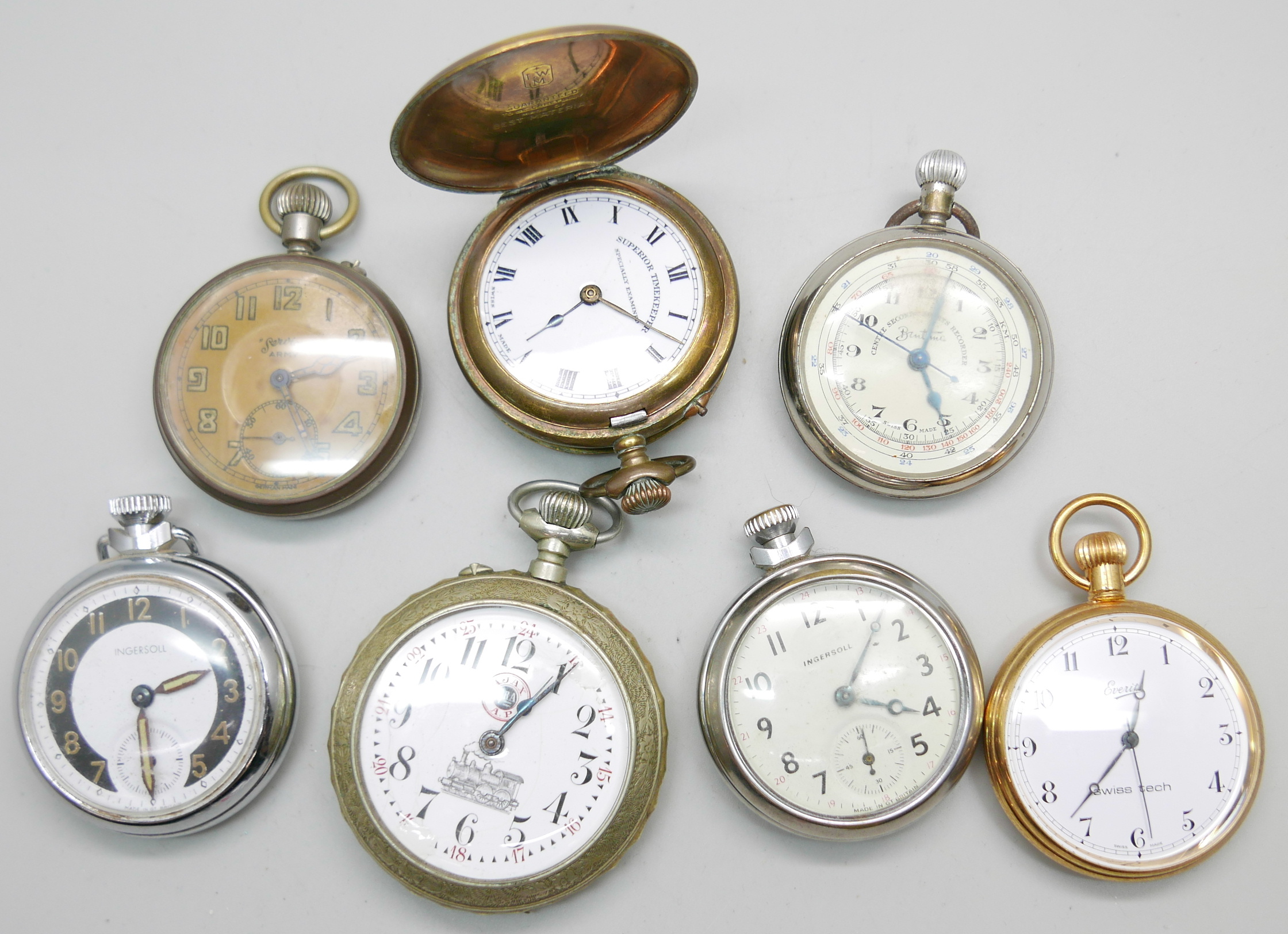 A collection of pocket watches including Ingersoll and Ajax, (7)