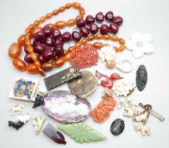 Vintage plastic beads and brooches