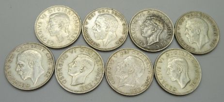 Coins; eight half-crowns 1933 to 1942, 113g