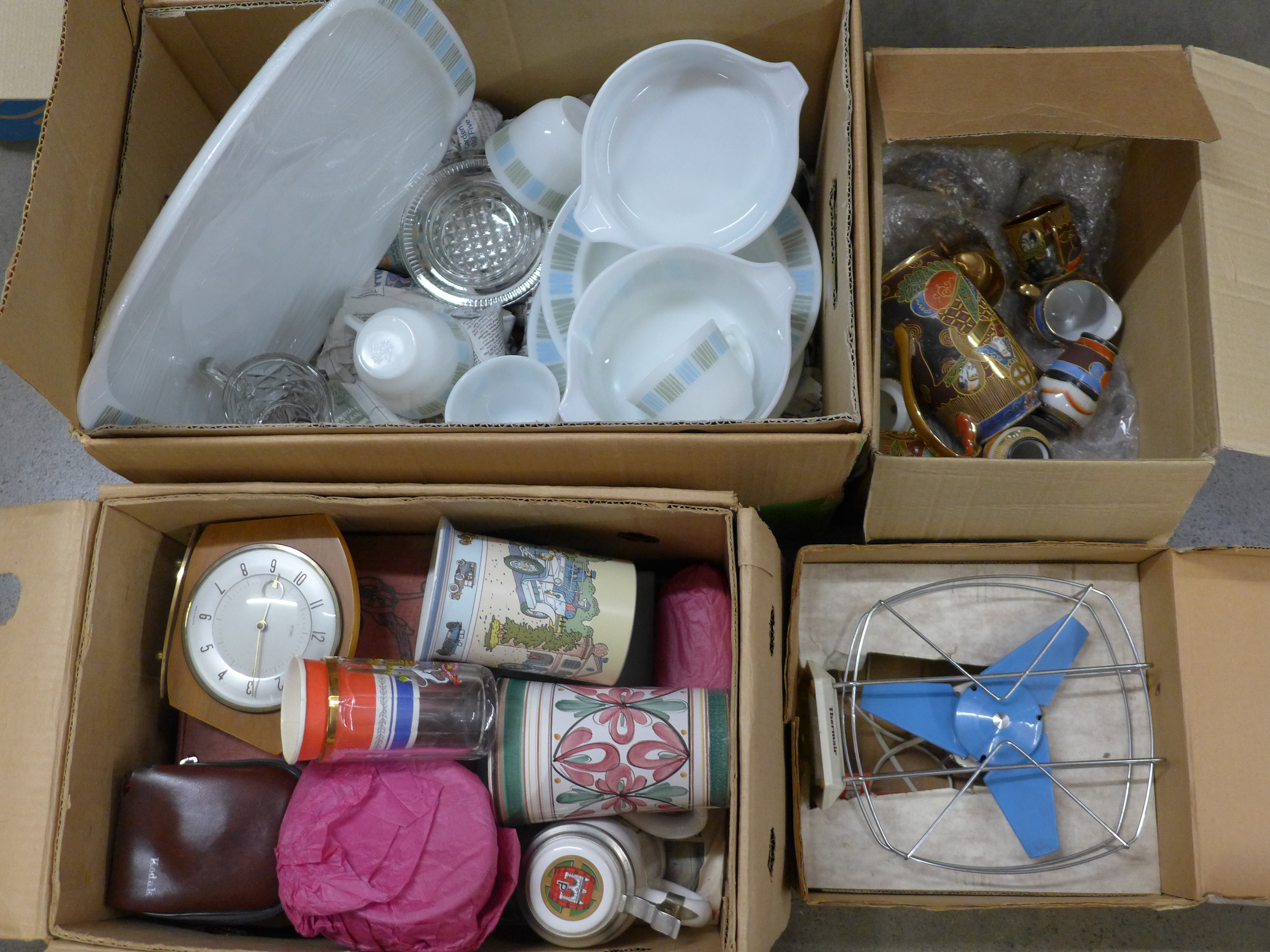 Three boxes of assorted items including oriental china, a collection of Pyrex, books, clocks, desk