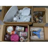 Three boxes of assorted items including oriental china, a collection of Pyrex, books, clocks, desk