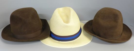 Three racing hats including two by Christy's London, size 6 7/8 and a Panama hat by Olney, size 7