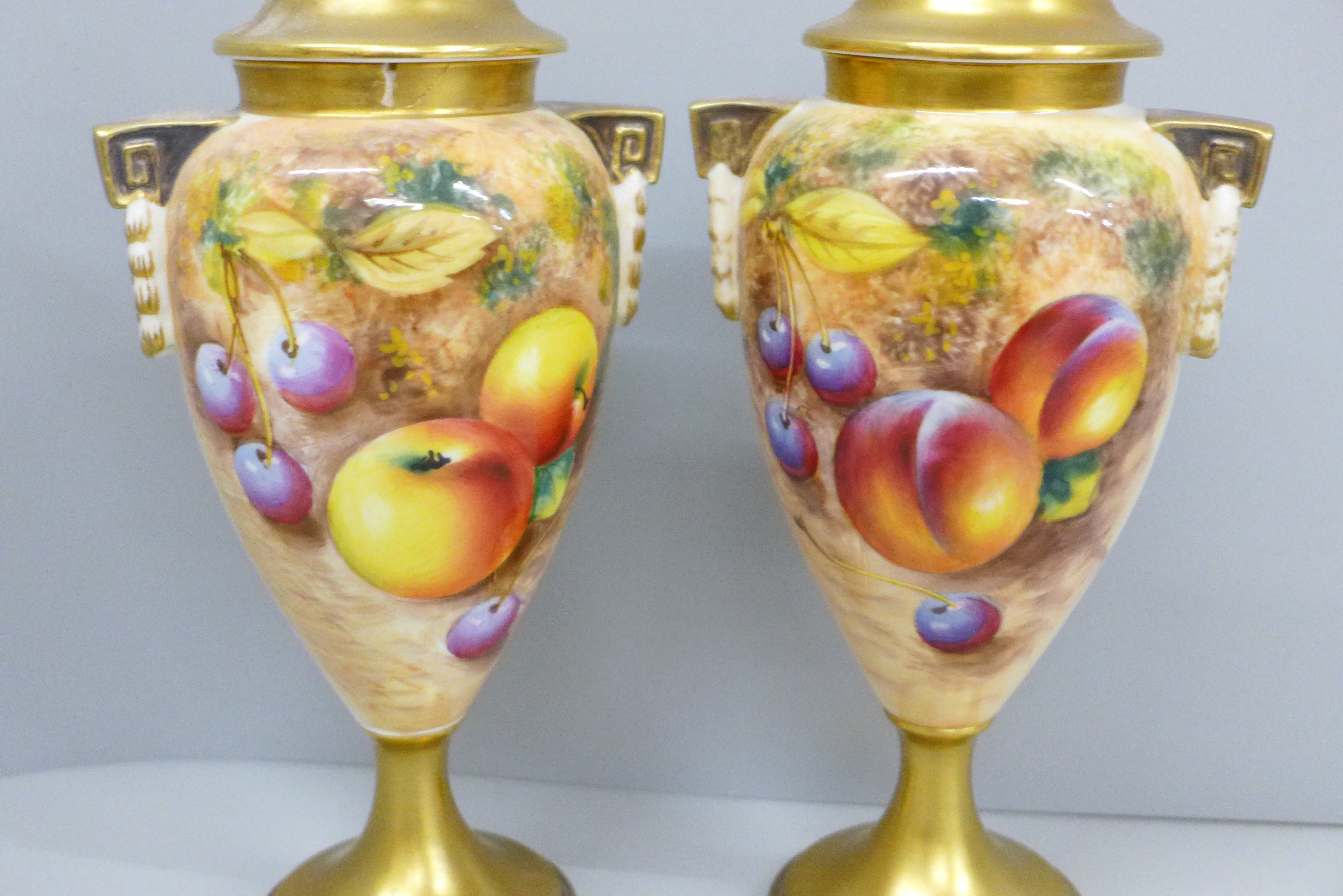 A pair of Royal Worcester hand painted vases and covers, decorated with fruit, signed, one vase - Image 2 of 8