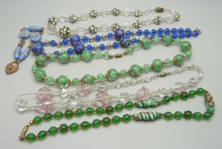 Five glass bead necklaces and a bracelet