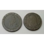 A cartwheel penny, 1797, and a mining one penny token, 1788