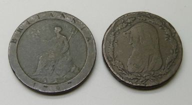 A cartwheel penny, 1797, and a mining one penny token, 1788