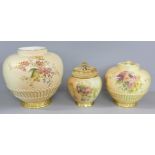 Three Royal Worcester blush ivory pots, each decorated with a bouquet of flowers, smallest with