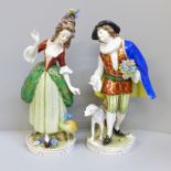 Two Sitzendorf porcelain figures, lady with peacock and gentleman with dog, 19.5cm