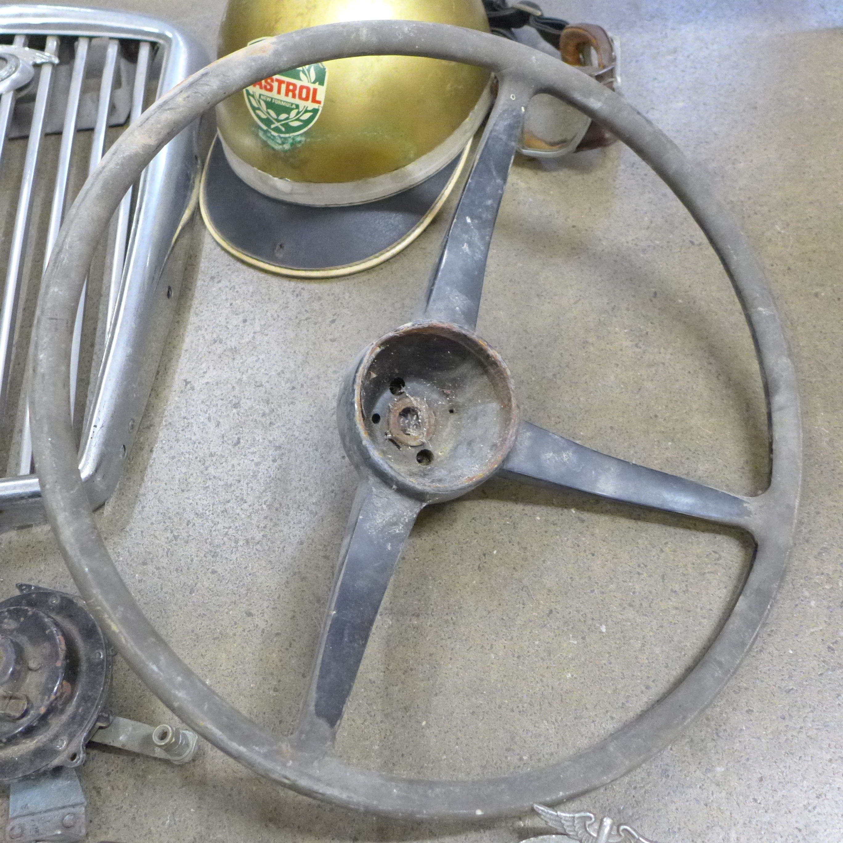 A collection of car parts, Castrol gold helmet, two pairs of driving goggles, steering wheel, rev - Image 6 of 11